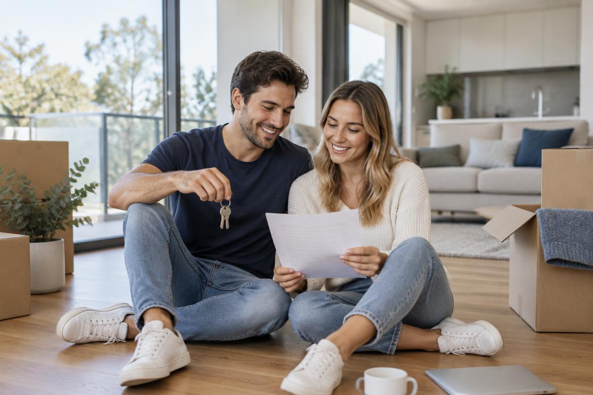 First home buyers sitting together in their new home