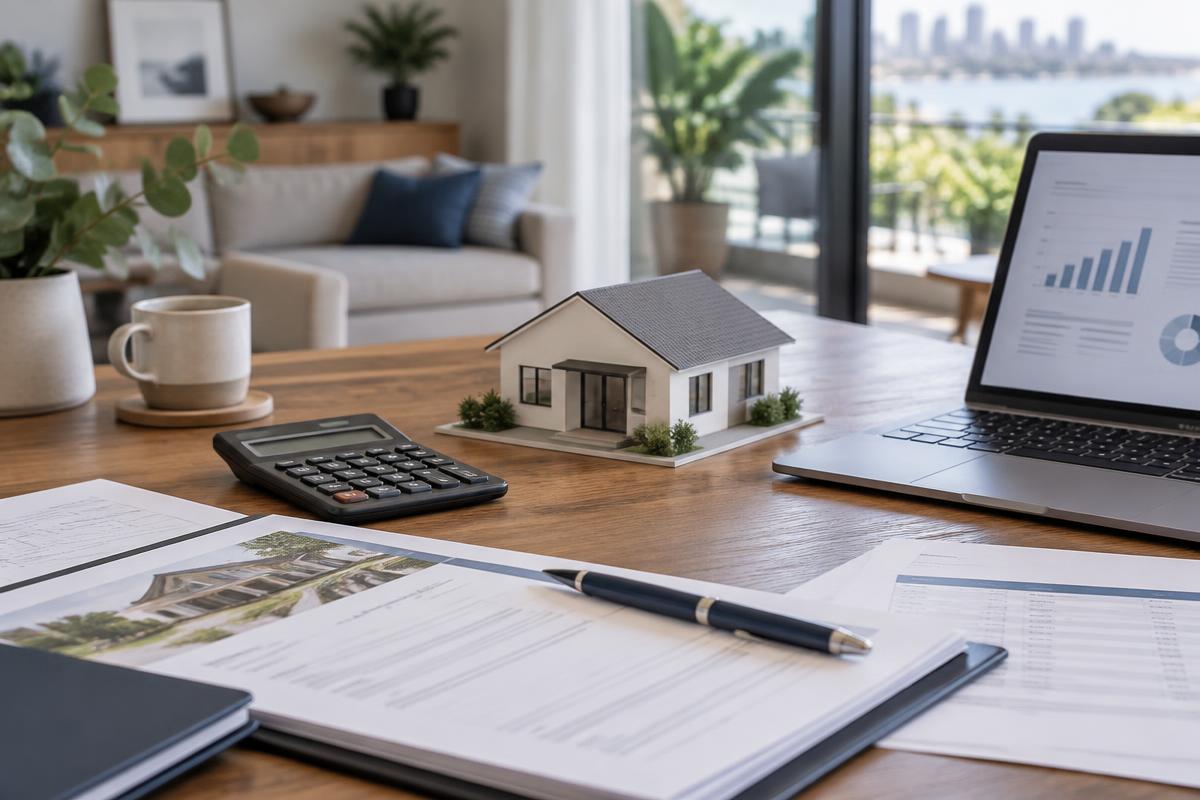 Home loan refinancing review with calculator and property documents